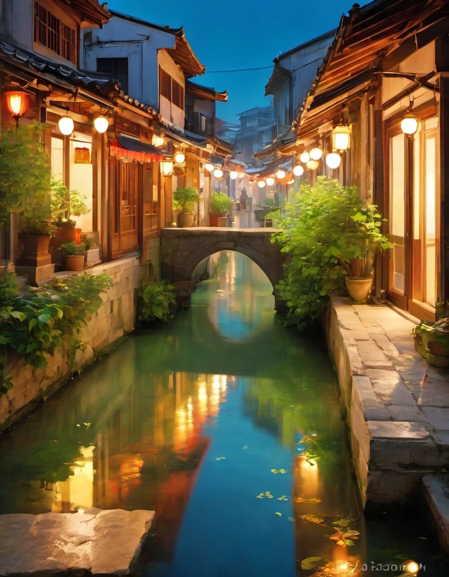 pond in evening，The narrow alleyways are filled with the scent of antiquity, like bookmarks left by time. Under the glow of neon lights, the ancient shops emit a unique charm, outlining the grandeur of the olden days