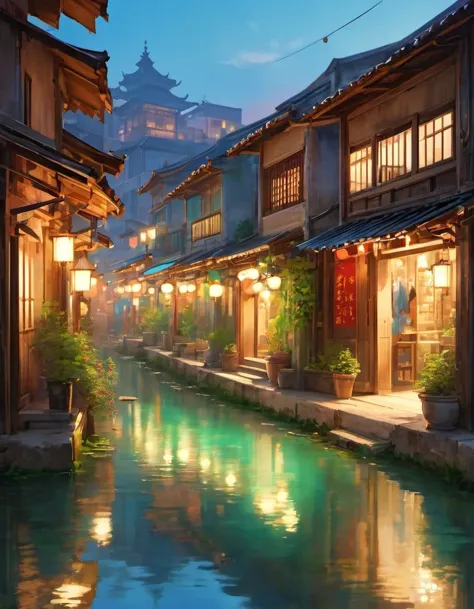 pond in evening，The narrow alleyways are filled with the scent of antiquity, like bookmarks left by time. Under the glow of neon...