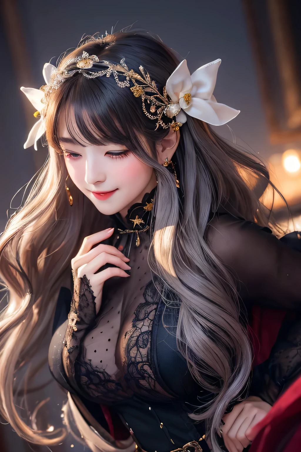 (masterpiece, best quality:1.2),a beautiful girl，Skin detail processing，The eyes are finely described，Delicate hair，wavy long hair，Long light hair，Wear a large bow on your head，Black Sweater，white dots，skirt，Retro contrasting colors、（purple、yellow）、fantasy creature, elaborate details, painting,Loose and fluffy、long curled silver hair、black dress、dutch angle,good anatomy,dynamic pose, action pose, open pose, dynamic angle,(Evere_shy smile:1.2),、Art Nouveau fashion embroidery、intricate details、horny girl, cute type、Transparent blood vessels、very delicate face,soft clean focus, analog 150mm lens、Beautiful natural soft rim light、 (very delicate and beautiful art)1.3, It&#39;s elegant, (pastel colors)1.2,clean background
