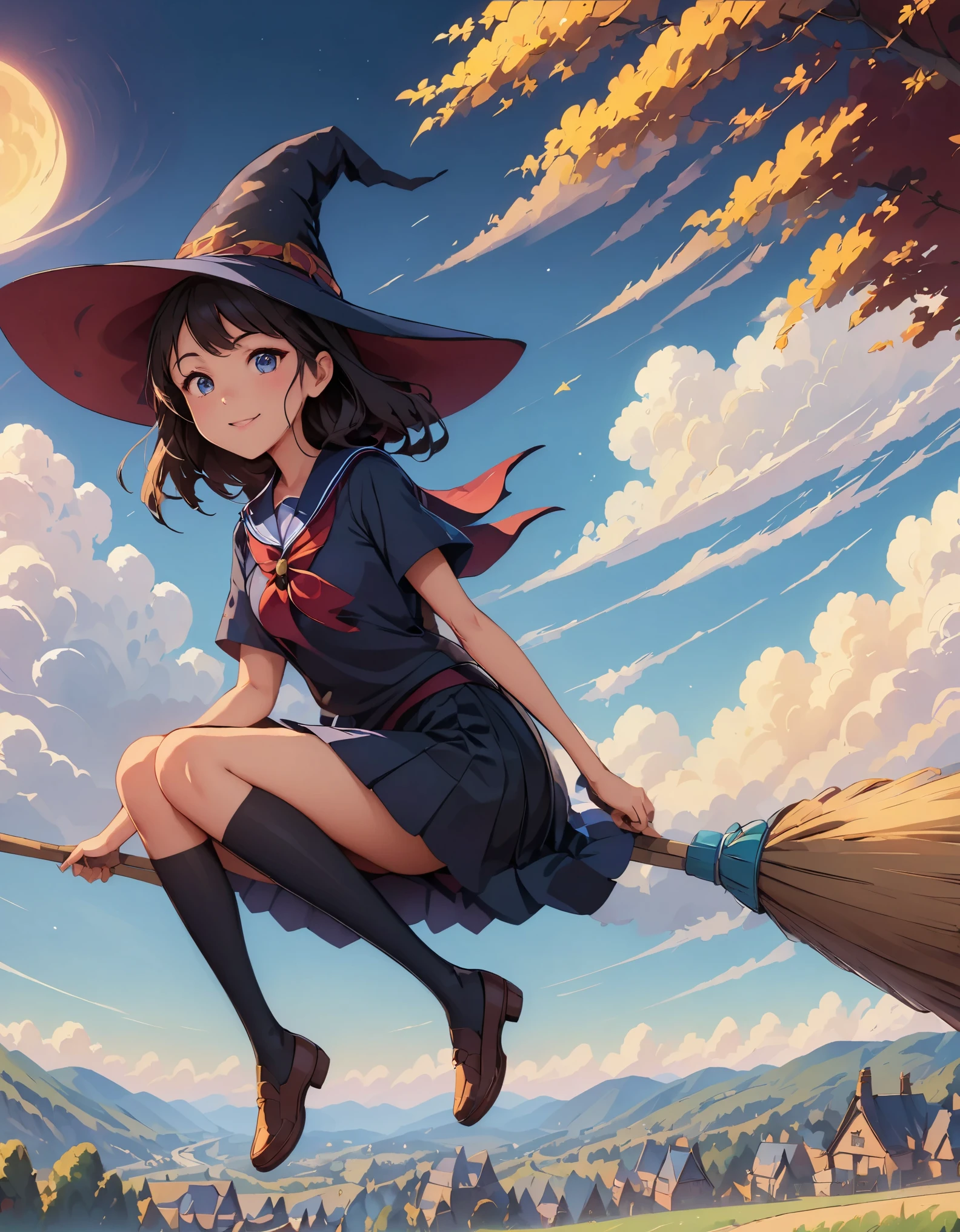 (highest quality、4K、8K、High resolution、masterpiece:1.2)、Super detailed、(anime style、photorealistic:1.37)、JKWitch、girl、((JK, sailor suit, pleated skirt)), garden、fantasy、harry potter aesthetic、colorful、enchanting atmosphere、beautiful detailed eyes、beautiful detailed lips、flowing hair、((Fly on a broom、magic glowing wand))、stars shining in the night sky、 Mysterious creatures on the background、gardenに咲くヒマワリとバラ、a magic spell is being cast、 enchanting aura、enchanting smile、Delicate porcelain skin、Expressive eyes full of wonder、Aura of empowerment and confidence、Brightly colored magical sparks surrounded by swirls of magical energy、Night landscape with a crescent moon in the sky、wood々twinkling lights hanging from。