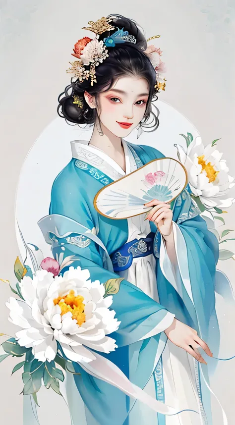 A cheerful elegant 16 years old ancient Chinese beauty, wearing ancient Chinese clothing, pastel-colored clothes, hand holding f...