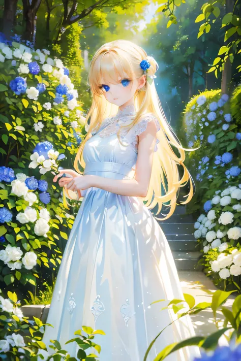 A girl with flowing golden hair and mesmerizing blue eyes, wearing an elegant white dress, standing in the midst of a vibrant ga...