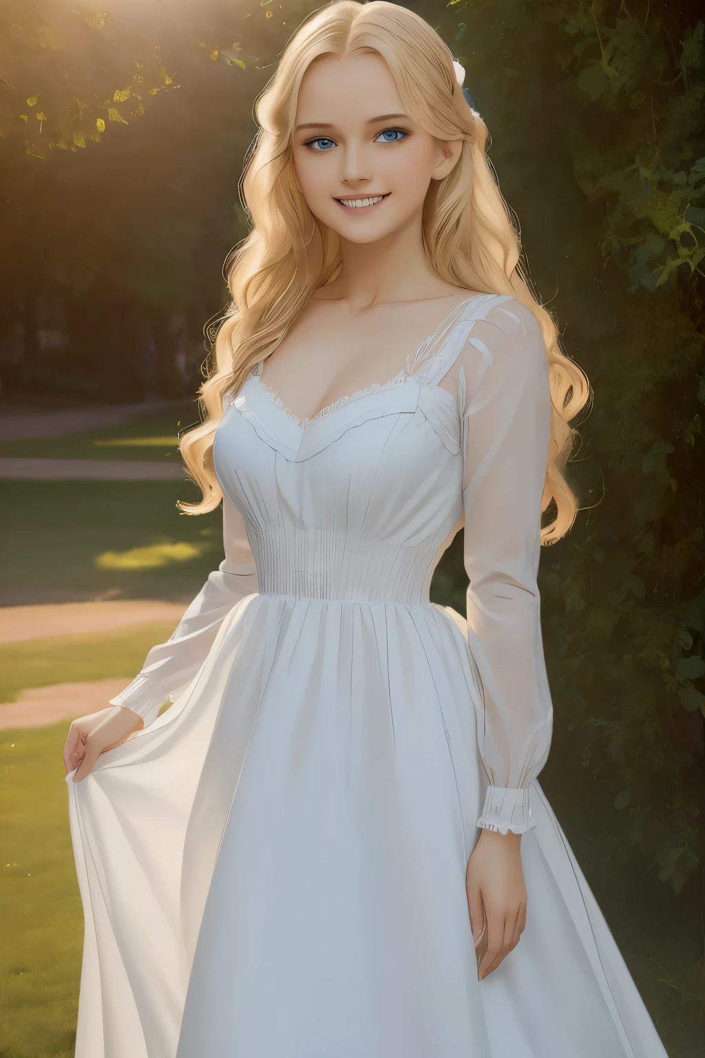 (best quality, 4k, 8k, high resolution, masterpiece: 1.2), ultra detailed, (realistic, photorealistic, photorealistic: 1.37), wearing a sexy white lace victorian dress, beautiful detailed blue eyes, beautiful blonde hair detailed, beautiful detailed lips, very detailed eyes and face, long detailed eyelashes, illustration of Virginia Otis, 26 years old, blonde hair, blue eyes, cute younger face, slim and cute face in pixar studio style, very sexy and very young , 26 years old., white skin, 18 years old, (breasts visible) happy, smiling, (blushing), posing on a castle. Highly detailed RAW color photo, Virginia Otis, 15 years old, in a sexy Victorian dress, pixar style, in the style of bright 3D objects, She has a cartoonish smile, rosy cheeks, a social contest winning photograph, dress, holds holding the hem of the dress with both hands, lifting it slightly, blue eyes, long blonde hair, dorne, very very curly blonde hair, castle corridors, vibes, iridescence/opalescence, glitter, highly detailed photorealistic, 16k --style expressive - -niji 5 (MATRIX) amazing and realistic shadows, (highly detailed background plane: 1.2), artistic photo