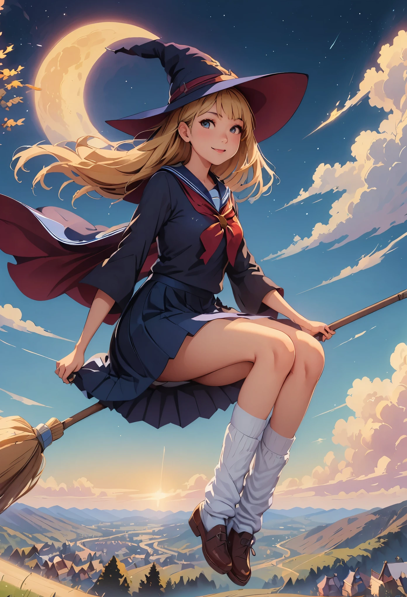 (highest quality、4K、8K、High resolution、masterpiece:1.2)、Super detailed、(anime style, realistic, フォトrealistic:1.37)、JKWitch、girl、(((JK, sailor suit, pleated skirt, loose socks;1.2, blonde long hair:1.2))), garden、fantasy、harry potter aesthetic、colorful、enchanting atmosphere、beautiful detailed eyes、beautiful detailed lips、flowing hair、((Fly on a broom、fly high into the sky, magic glowing wand))、 stars shining in the night sky、 Mysterious creatures on the background、gardenに咲くヒマワリとバラ、a magic spell is being cast、 enchanting aura、enchanting smile、Delicate porcelain skin、Expressive eyes full of wonder、 Aura of empowerment and confidence、Brightly colored magical sparks surrounded by swirls of magical energy、Night landscape with a crescent moon in the sky、wood々twinkling lights hanging from。