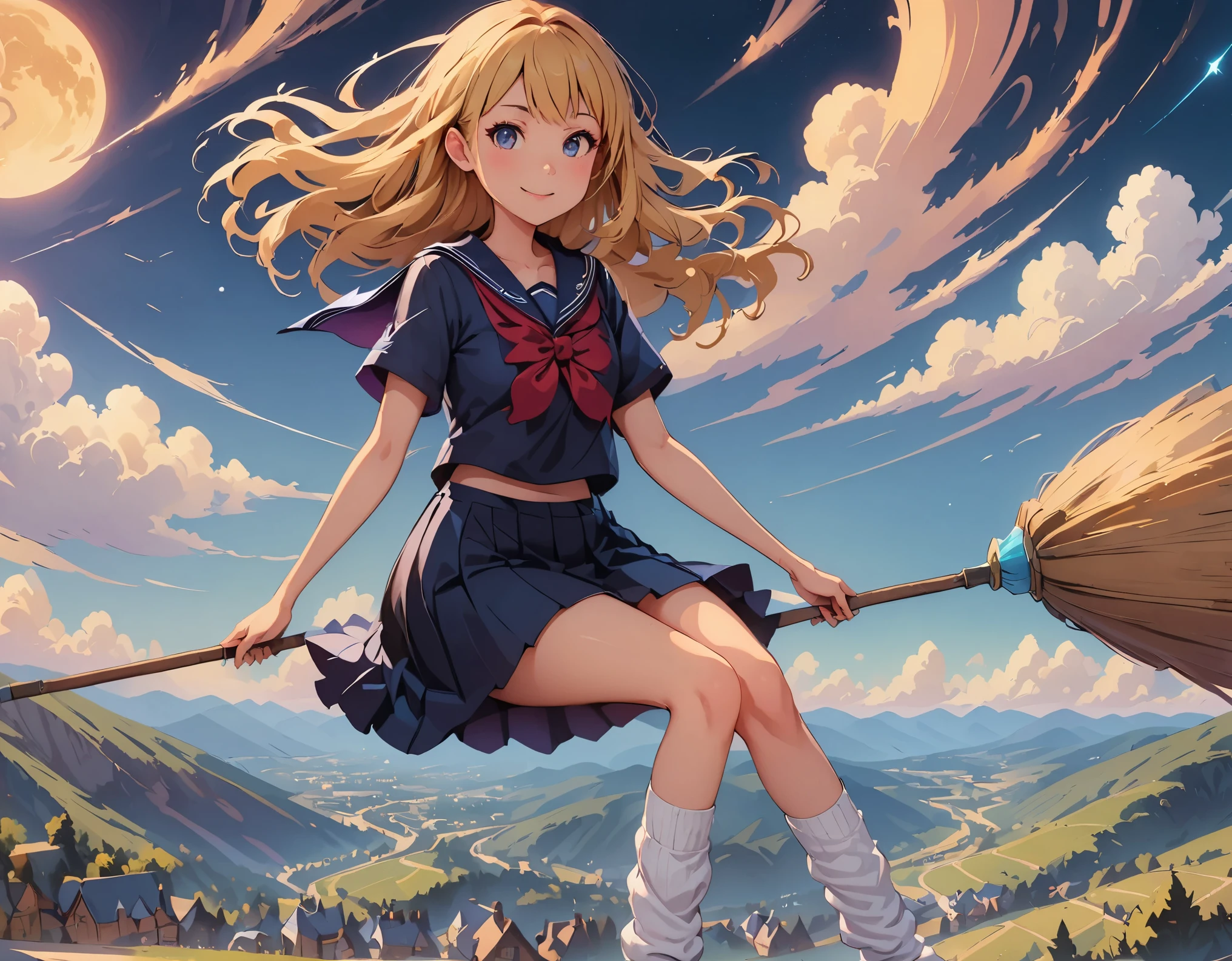 (highest quality、4K、8K、High resolution、masterpiece:1.2)、Super detailed、(anime style, photorealistic:1.37)、JKWitch、girl、(((JK, sailor suit, pleated skirt, loose socks;1.2, blonde long hair:1.2))), garden、fantasy、harry potter aesthetic、colorful、enchanting atmosphere、beautiful detailed eyes、beautiful detailed lips、flowing hair、((Fly on a broom、fly high into the sky, magic glowing wand))、 stars shining in the night sky、 Mysterious creatures on the background、gardenに咲くヒマワリとバラ、a magic spell is being cast、 enchanting aura、enchanting smile、Delicate porcelain skin、Expressive eyes full of wonder、 Aura of empowerment and confidence、Brightly colored magical sparks surrounded by swirls of magical energy、Night landscape with a crescent moon in the sky、wood々twinkling lights hanging from。