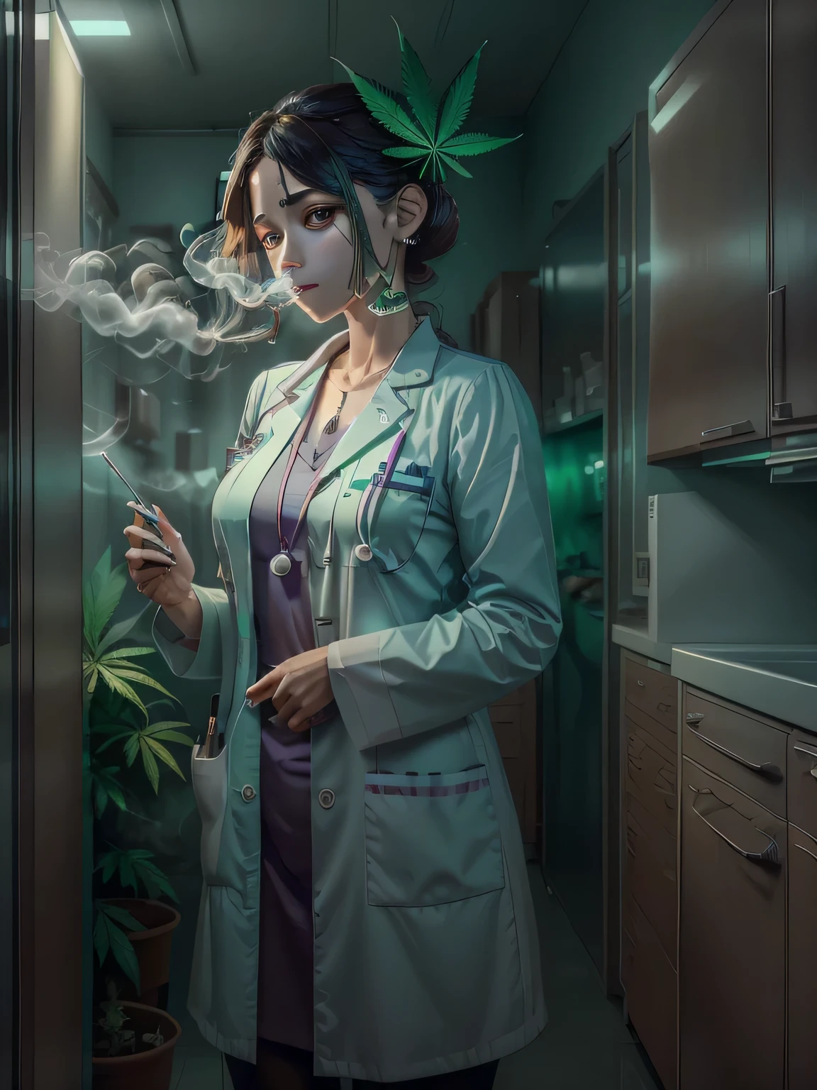 Girl in a white doctors uniform smoking canabis, on the background be a medical cabinet with some canabis leafs showing, somewhere can be a text witch says "medical marijuana"