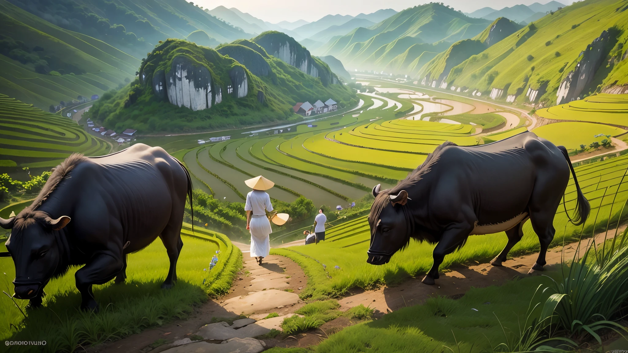 ((A beautiful picture depicting a Vietnamese hometown)), The focus of the scene is on a field with steps leading up to a staircase. In the field, there are Vietnamese farmers working diligently. The atmosphere is filled with the warm glow of beautiful sunshine, creating a cinematic lighting effect. The image is captured using a Sony FE GM lens, which ensures high-quality visuals. The composition of the image is a wide shot, showcasing the vastness and beauty of the landscape.  capturing the essence of everyday life. The level of detail in this artwork is exceptionally high, allowing for a realistic and immersive experience. The color palette is vibrant and vivid, enhancing the visual impact. (Asia), ((Vietnam)), ((Vietnam's traditional Ao Dai)), (beautiful Vietnamese women), water buffaloes, ((rice farm)) 