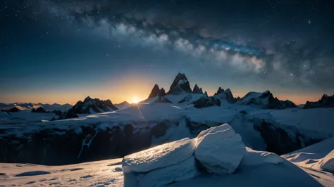 An icy landscape under the glow of an alien sun, with frozen mountains and rocky terrain. The sky is clear, showing distant gala...