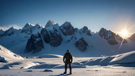 an icy landscape under the glow of an alien sun, with frozen mountains and rocky terrain. small human with space suit, the sky i...