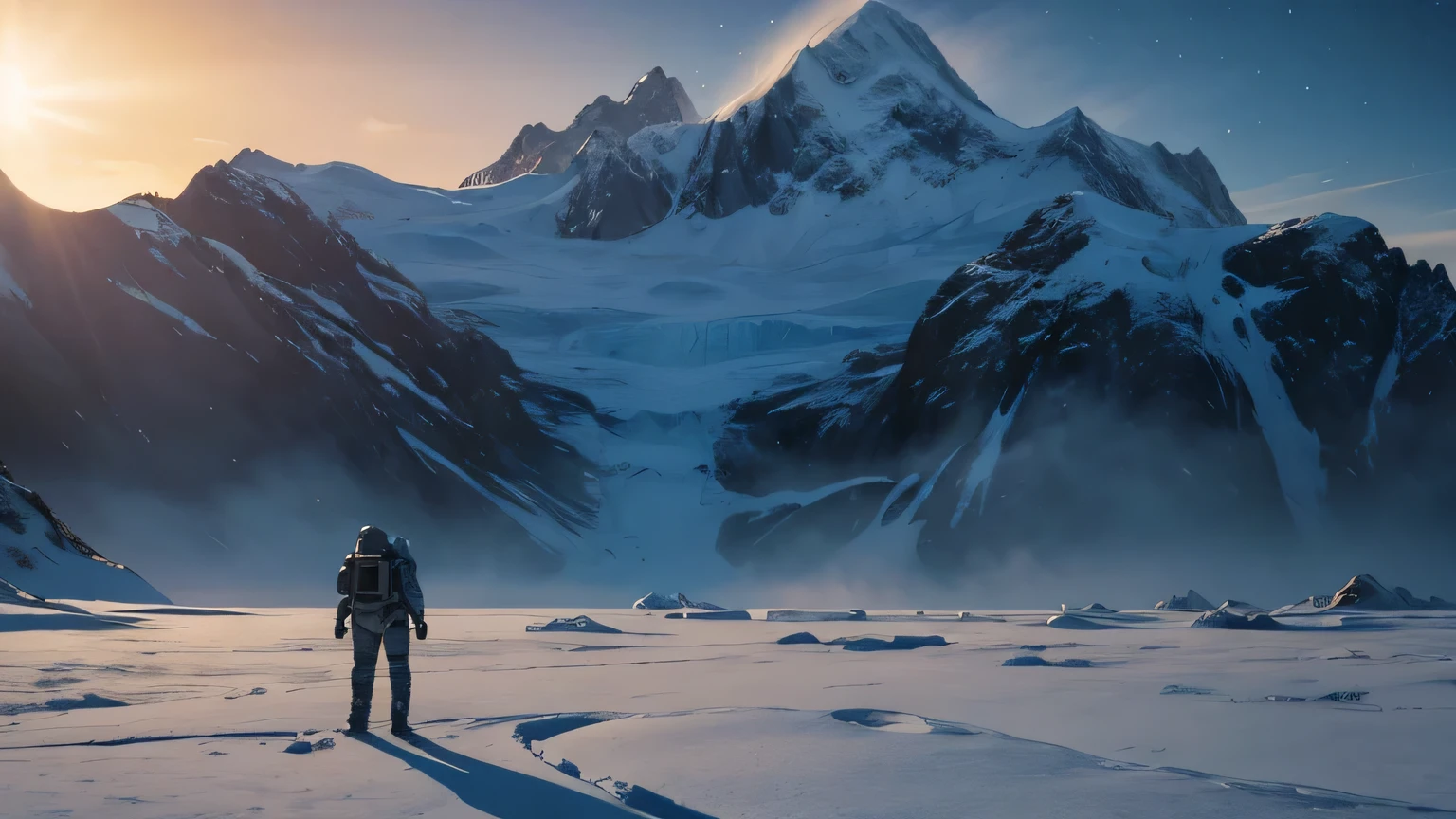 An icy landscape under the glow of an alien sun, with frozen mountains and rocky terrain. Small human with space suit, The sky is clear, showing distant galaxies in the background. A giant ice wall forms on one side of the scene, while another smaller piece floats nearby. In sharp contrast to its cold exterior, it glows warm inside, casting long shadows over its surroundings. in the style of Gabriele Dell'otto --ar 8:5 .4k