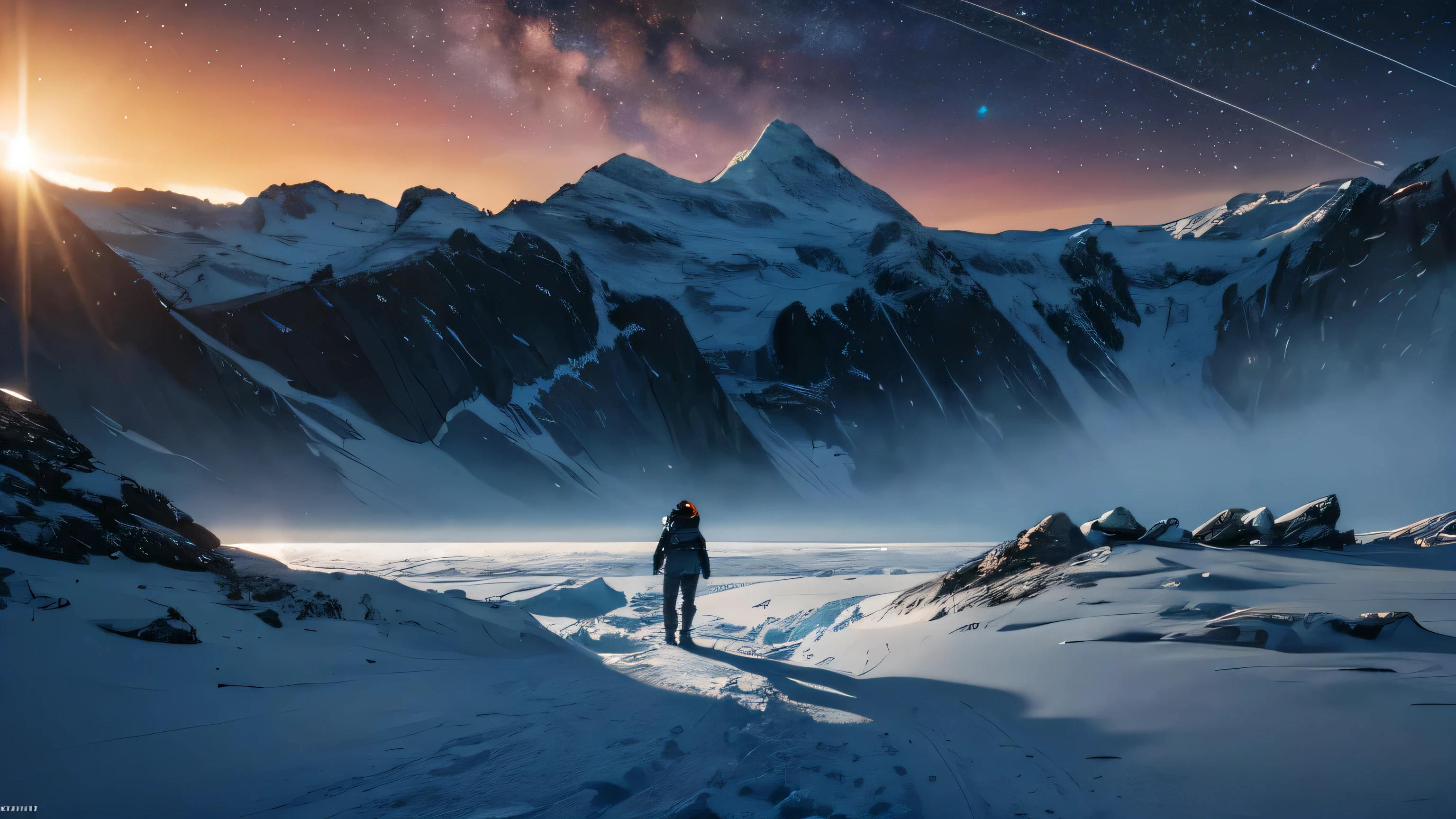 Un paisaje helado bajo el resplandor de un sol alienígena, con montañas heladas y terreno rocoso. Pequeño humano con traje espacial, El cielo esta despejado, mostrando galaxias distantes en el fondo. Se forma una pared de hielo gigante a un lado del escenario., mientras otro trozo más pequeño flota cerca. En marcado contraste con su exterior frío, brilla cálido por dentro, proyectando largas sombras sobre su entorno. al estilo de Gabriele Dell&#39;otto --ar 8:5 .4k