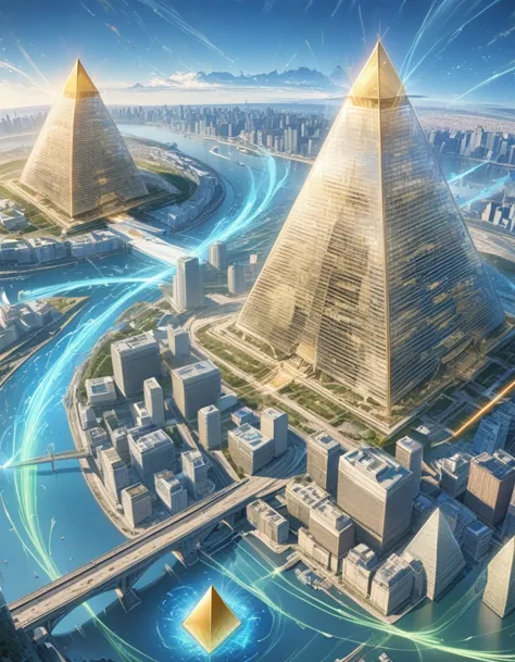 Futuristic background of golden glass pyramid with laser beam leading to a surreal city with huge skyscrapers. Background super-...