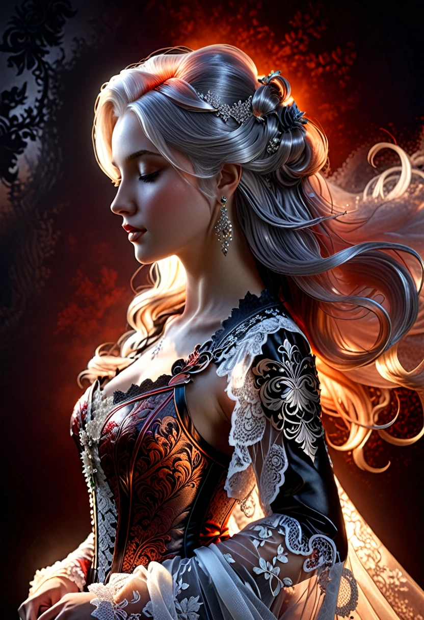 um personagem de jogo de fantasia pacífico de lado, vestido de arte ornamentado, gravação, renda, couro, pôr do sol, Corpo macio, cabelo solto, jogo de sombras, vista do topo, luz, névoa, temperamental, cabelos prateados brilhantes, terreno, vivid, vermelho, creme, marrom, pêssego, textura de carvão, Cinzas, cinematic, Film luz, hiper detalhado, hiper-realista, Obra de arte, atmosférico, alta resolução, vibrante, Alto contraste, ângulo escuro, arte de Koos Roos, 8K, hdr, 500 pixels