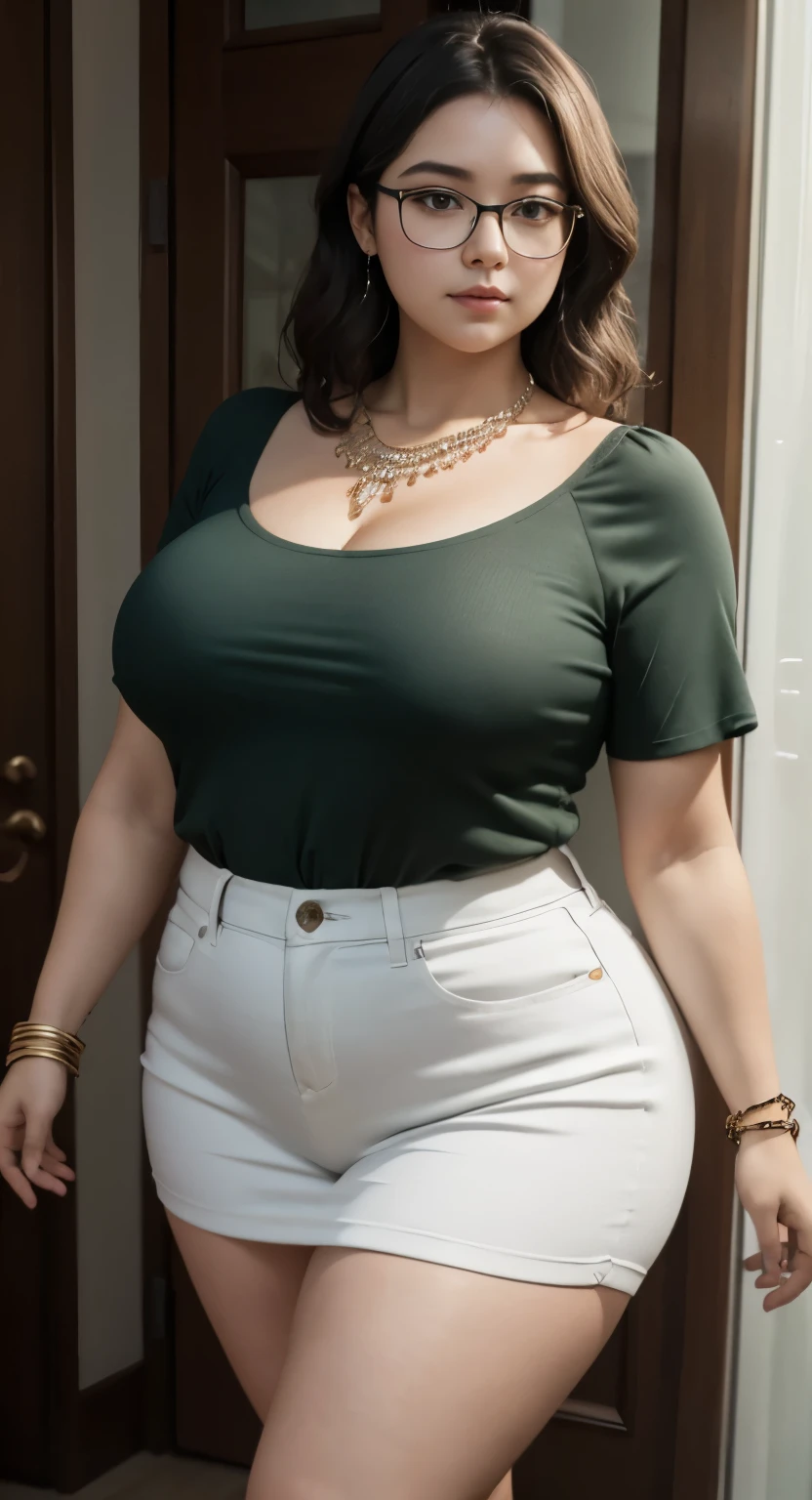 ((best quality)), ((masterpiece)), (detailed), perfect face, araffe woman in a long dark green shirt and 1/3 white denim skirt walking in black room , thicc,  wavy  short hair , she has a jiggly fat round belly, bbwchan, wearing tight simple clothes, skinny waist and thick hips, widest hips, her belly is fat and round, soft curvy shape, hyperrealistic full figure, wearing a cute top, wide hips, wearing 10 bracelet , wearing huge diamond necklace , slightly fat cheeks , glasses 