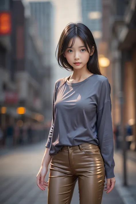 (highest quality, High resolution, masterpiece :1.3), Beautiful asian woman, slender body shape, dark brown hair, T-shirt, (nigh...