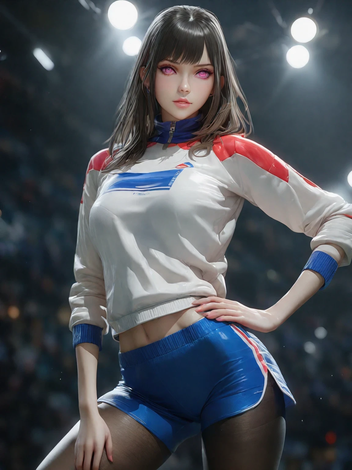 diy4，Highest quality, ultra-high definition, masterpieces, 8k, realistic, anime styled, 3d render，(best quality:1.2), 1girl, standing_split, long black hair, white turtleneck sweater, sports shorts, pantyhose, beautiful detailed eyes, beautiful detailed lips, extremely detailed eyes and face, long eyelashes, vivid colors, professional, ultra-detailed, realistic, studio lighting, physically-based rendering
