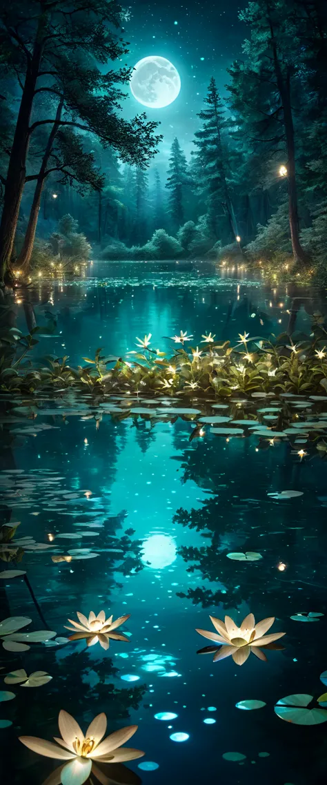 Evening Pond:1.5, ((Full shot:1.4)), ((beautiful lake at night in absolute darkness:1.5)), ((fireflies flying around illuminatin...