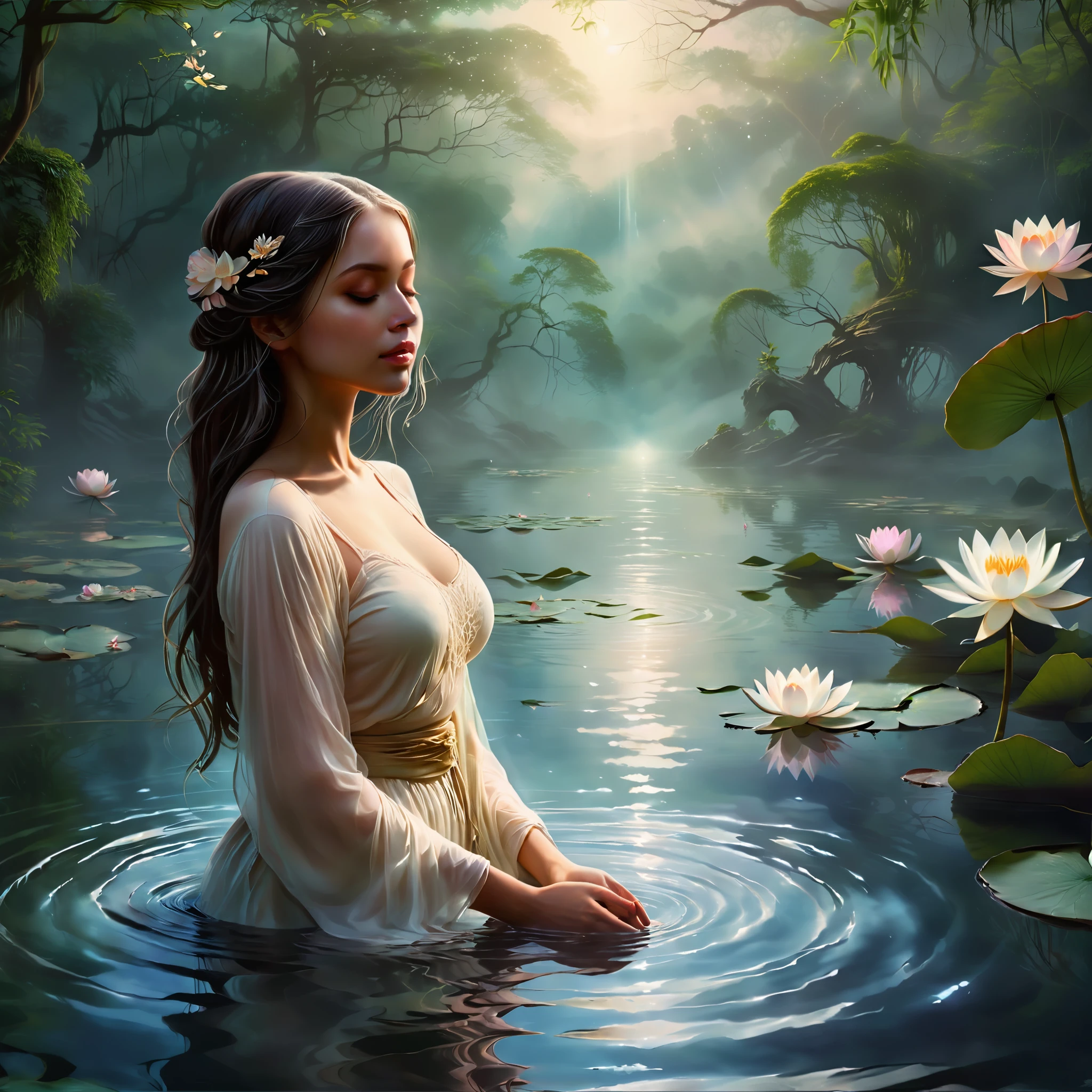 (best quality,4k,8k,highres,masterpiece:1.2),ultra-detailed,(realistic,photorealistic,photo-realistic:1.37),a girl by the pond,dusk lighting,serene atmosphere,ripples in the water,magical mist,faint reflections,peaceful ambiance,natural colors,long flowing hair,feminine grace,ethereal glow,twinkling stars,whispering wind,tranquil setting,soft shadows,romantic scenery,gentle breeze,delicate flowers,enchanted surroundings,subtle elegance,serenity in nature,sublime beauty,subdued tones,dreamlike effect,water lilies floating,harmonious composition,vibrant yet serene,subtle tranquility,calm and reflective,graceful posture,moment of stillness,quiet contemplation,surreal landscape,luminous sky,soft pastel hues,silhouette of trees,beauty in simplicity,artistic impression,natural harmony,sublime serenity,subtle beauty,infinite calm,gentle warmth