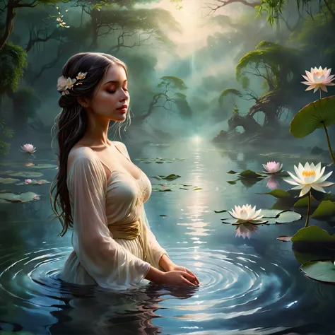 (best quality,4k,8k,highres,masterpiece:1.2),ultra-detailed,(realistic,photorealistic,photo-realistic:1.37),a girl by the pond,d...