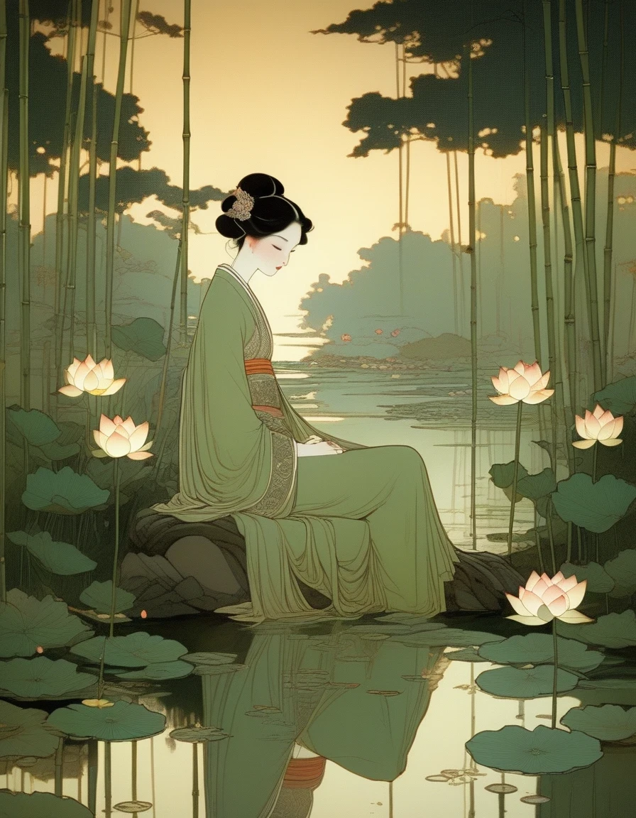 An Ancient Beauty Sitting by uma lagoa de lótus,  uma lagoa de lótus，Bosque de bambu ao pôr do sol, Impressão de arte no estilo de FRANKLIN BOOTH, Abigail Larson, Tara Mcpherson, Verdes claros, Reflexos Brilhantes, Pinturas e obras americanas em papel do século XIX, Silêncio Contemplativo, ilustrações de livros infantis, noturno 