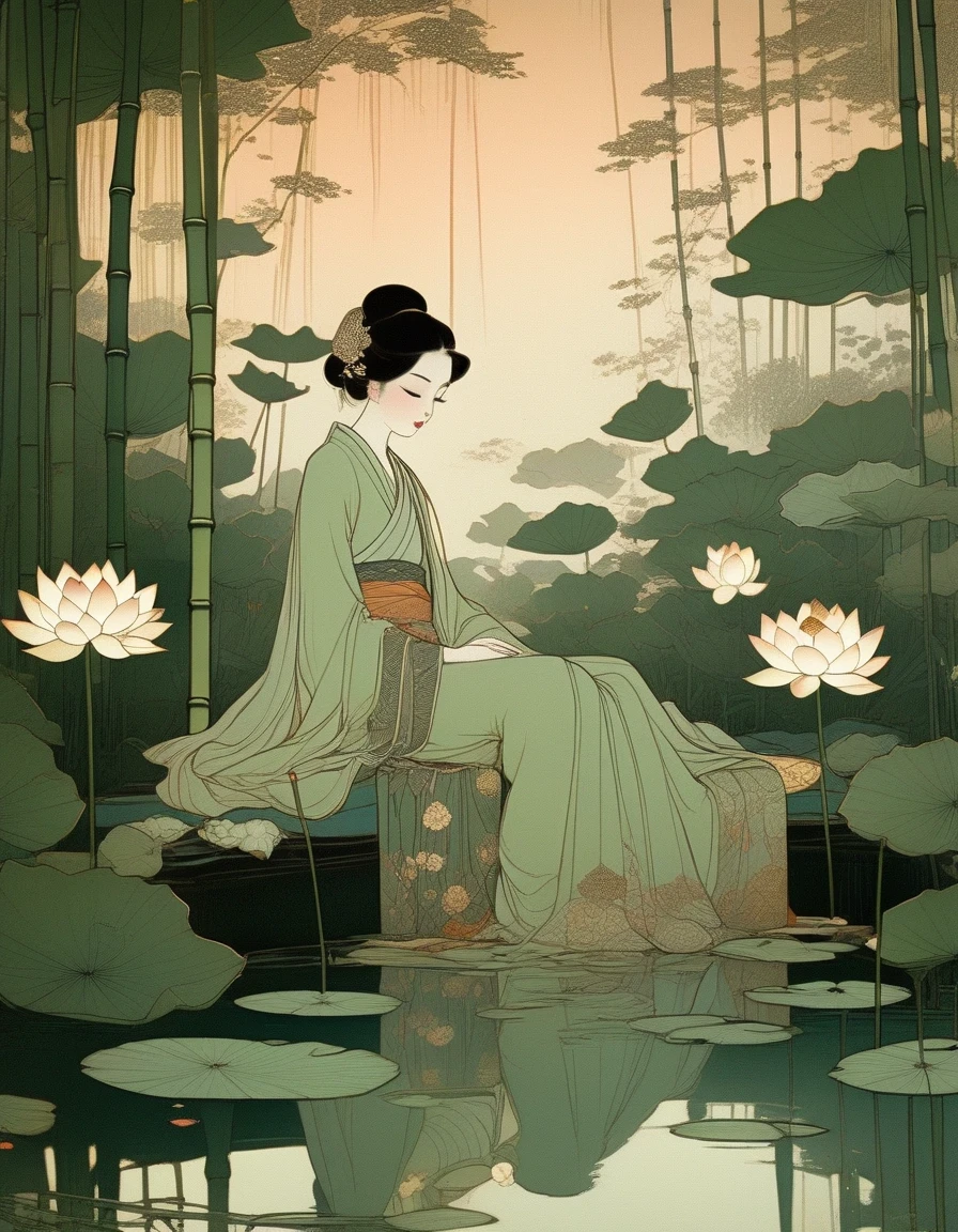 Eine antike Schönheit, die an einem Lotusteich sitzt,  a Lotus Pond，Bambushain bei Sonnenuntergang, Kunstdruck im Stil von FRANKLIN BOOTH, Abigail Larson, TARA MCPHERSON, Blasse Grüntöne, helle Reflexionen, Amerikanische Gemälde und Arbeiten auf Papier des 19. Jahrhunderts, Besinnliche Stille, Kinderbuchillustrationen, Nocturne 