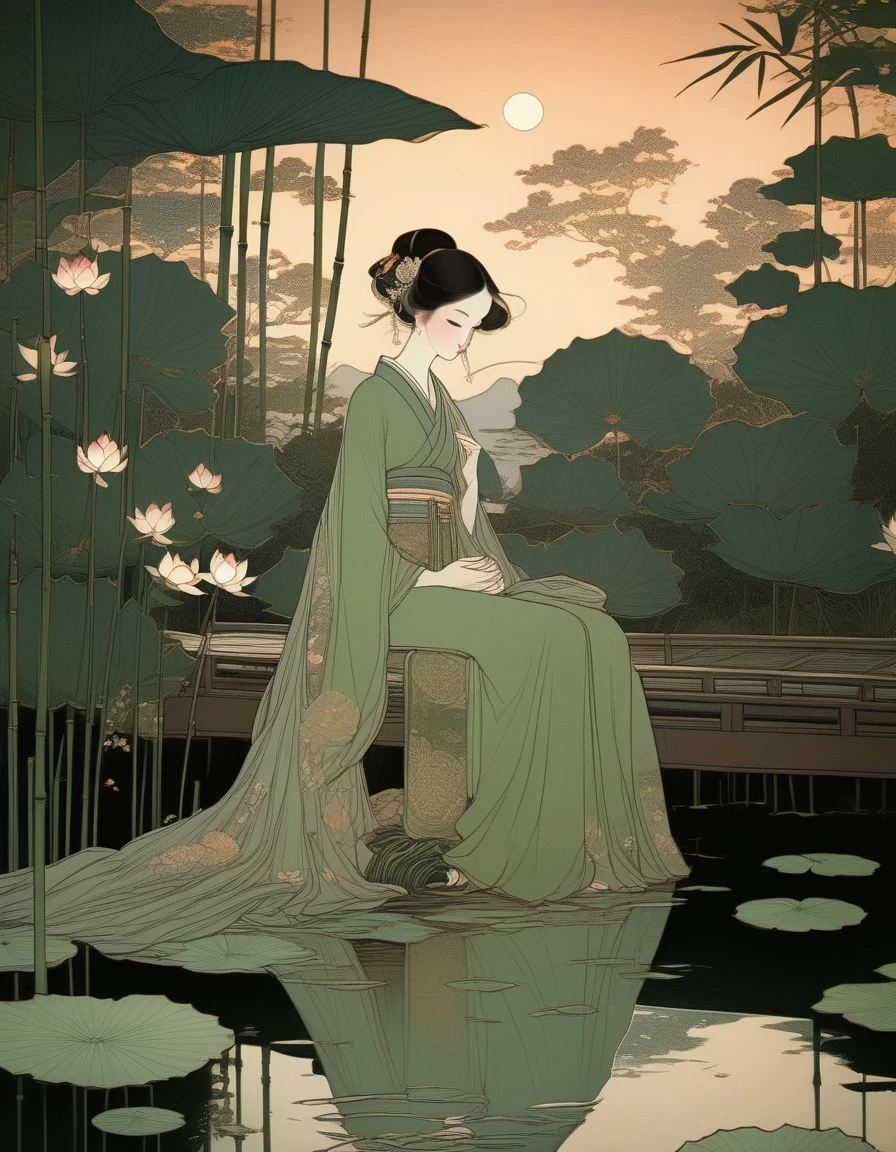 晚上，日落，An Ancient Beauty Sitting by 莲花池,  莲花池，夕阳下的竹林, 富兰克林·布斯 (FRANKLIN BOOTH) 风格的艺术版画, 阿比盖尔·拉森, 塔拉·麦克弗森, 淡绿色, 明亮的反射, 19 世纪美国绘画和纸上作品, 沉思的沉默, 儿童书籍插图, 夜曲 