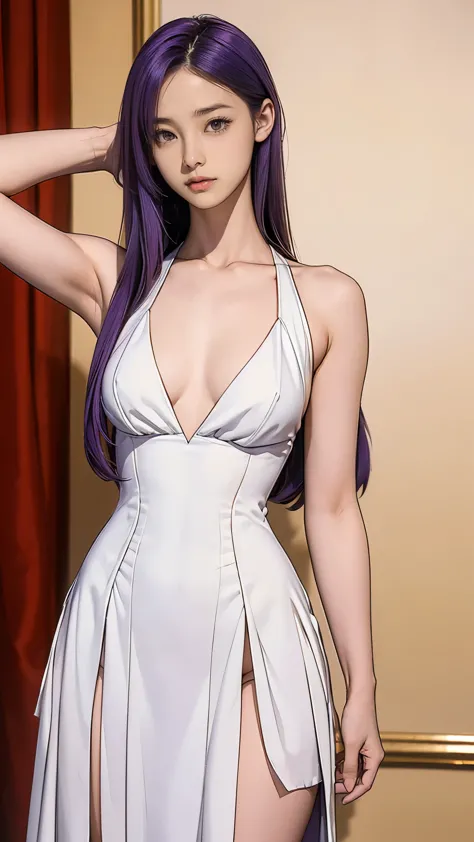 Please show me your armpits,masterpiece, highest quality,sasha, purple hair, long hair, red eyes, white dress, collar, long skirt ,sleeveless, bare shoulders, Split, clavicle, gold accessories, corset, 1 girl, Perfect Asian Goddess、Lawless ticking facial f...