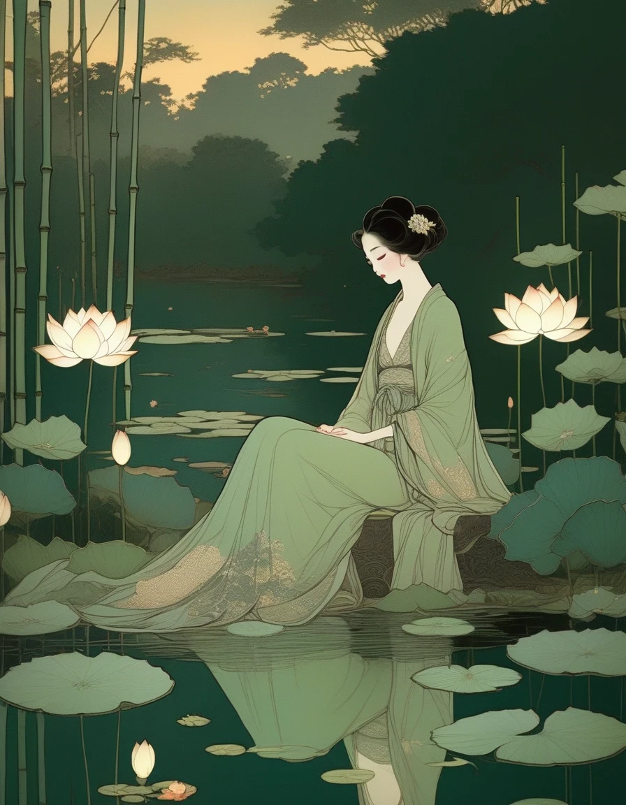 晚上，日落，An Ancient Beauty Sitting by 莲花池,  莲花池，夕阳下的竹林, 富兰克林·布斯 (FRANKLIN BOOTH) 风格的艺术版画, 阿比盖尔·拉森, 塔拉·麦克弗森, 淡绿色, 明亮的反射, 19 世纪美国绘画和纸上作品, 沉思的沉默, 儿童书籍插图, 夜曲 