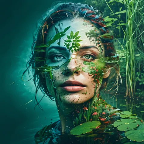 (Double exposure:1.3), effect of a women's face superimposed on a pond,  ultra detailed