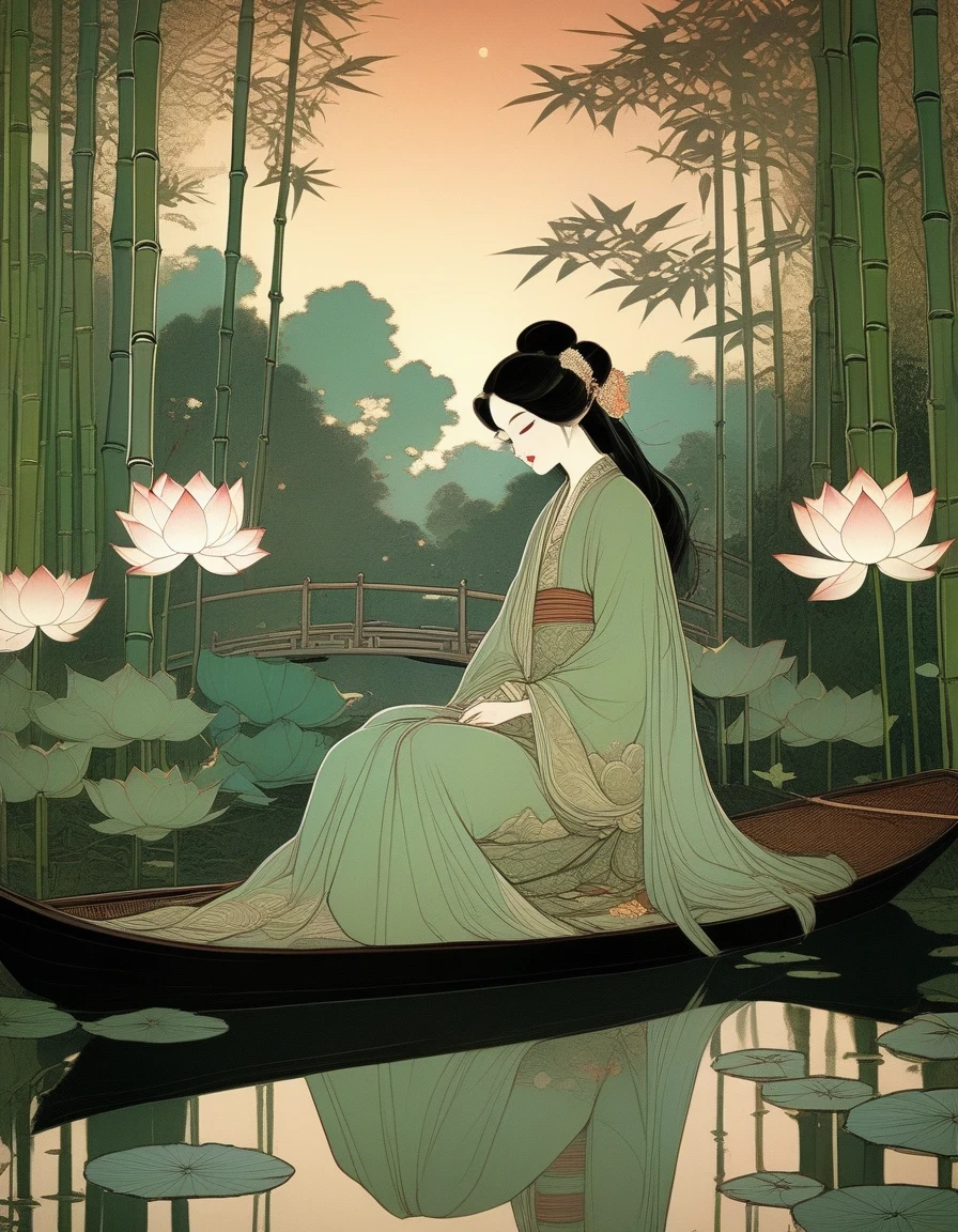 evening，sunset，bright，sparkling，An Ancient Beauty Sitting by a Lotus Pond, a Lotus Pond，Bamboo Grove at Sunset, Art Print in the Style of FRANKLIN BOOTH, ABIGAIL LARSON, TARA MCPHERSON, Pale Greens, Bright Reflections, 19th Century American Paintings and Works on Paper, Contemplative Silence, Children's Book Illustrations, Nocturne