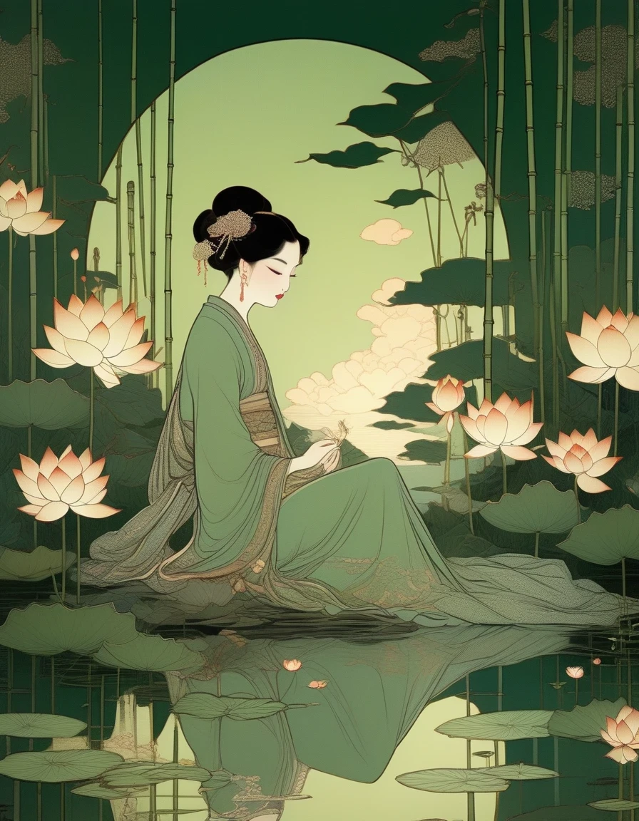 noche，atardecer，brillante，Espumoso，An Ancient Beauty Sitting by Un estanque de lotos, Un estanque de lotos，Bosque de bambú al atardecer, Impresión artística al estilo de FRANKLIN BOOTH, abigail larson, TARA MCPHERSON, Verdes pálidos, reflejos brillantes, Pinturas y obras sobre papel americanas del siglo XIX., Silencio contemplativo, ilustraciones de libros para niños, Nocturne