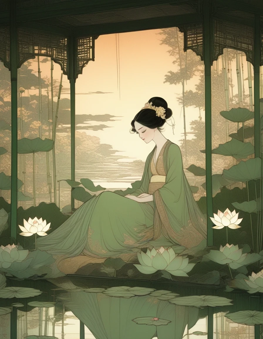 em estilo de arte conté, Linda detalhada，noite，pôr do sol，An Ancient Beauty Sitting by uma lagoa de lótus,  uma lagoa de lótus，Bosque de bambu ao pôr do sol, Impressão de arte no estilo de FRANKLIN BOOTH, Abigail Larson, Tara Mcpherson, Verdes claros, Reflexos Brilhantes, Pinturas e obras americanas em papel do século XIX, Silêncio Contemplativo, ilustrações de livros infantis, noturno 