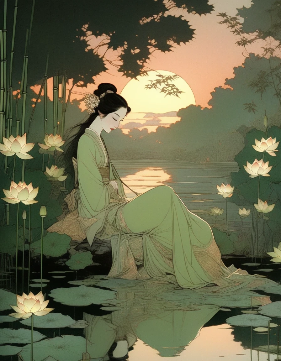 in style of conté artwork, beautiful detailed，evening，sunset，An Ancient Beauty Sitting by a Lotus Pond,  a Lotus Pond，Bamboo Grove at Sunset, Art Print in the Style of FRANKLIN BOOTH, ABIGAIL LARSON, TARA MCPHERSON, Pale Greens, Bright Reflections, 19th Century American Paintings and Works on Paper, Contemplative Silence, Children's Book Illustrations, Nocturne 