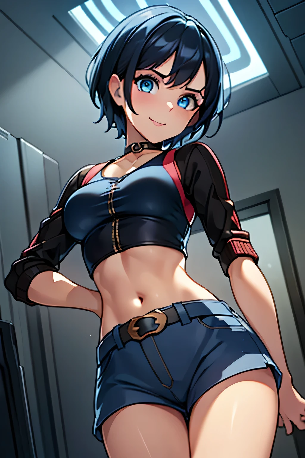 ((masterpiece)), (bestquality), ((ultra-detailed)), ((cinematic lighting)), depth of field, (dynamic angle),detailed lighting, (beautiful detailed blue eyes), 1girl, black hair, tanned skin, Choker, tomboy, top and shorts, Jacket, smile, navel, small bust, Package in Hand, Delivery girl, Delivery,