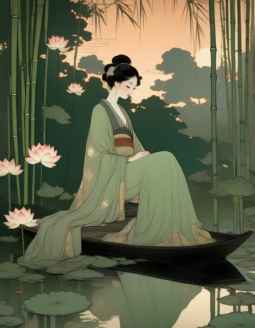 晚上，日落，An Ancient Beauty Sitting by 莲花池,  莲花池，夕阳下的竹林, 富兰克林·布斯 (FRANKLIN BOOTH) 风格的艺术版画, 阿比盖尔·拉森, 塔拉·麦克弗森, 淡绿色, 明亮的反射, 19 世纪美国绘画和纸上作品, 沉思的沉默, 儿童书籍插图, 夜曲 