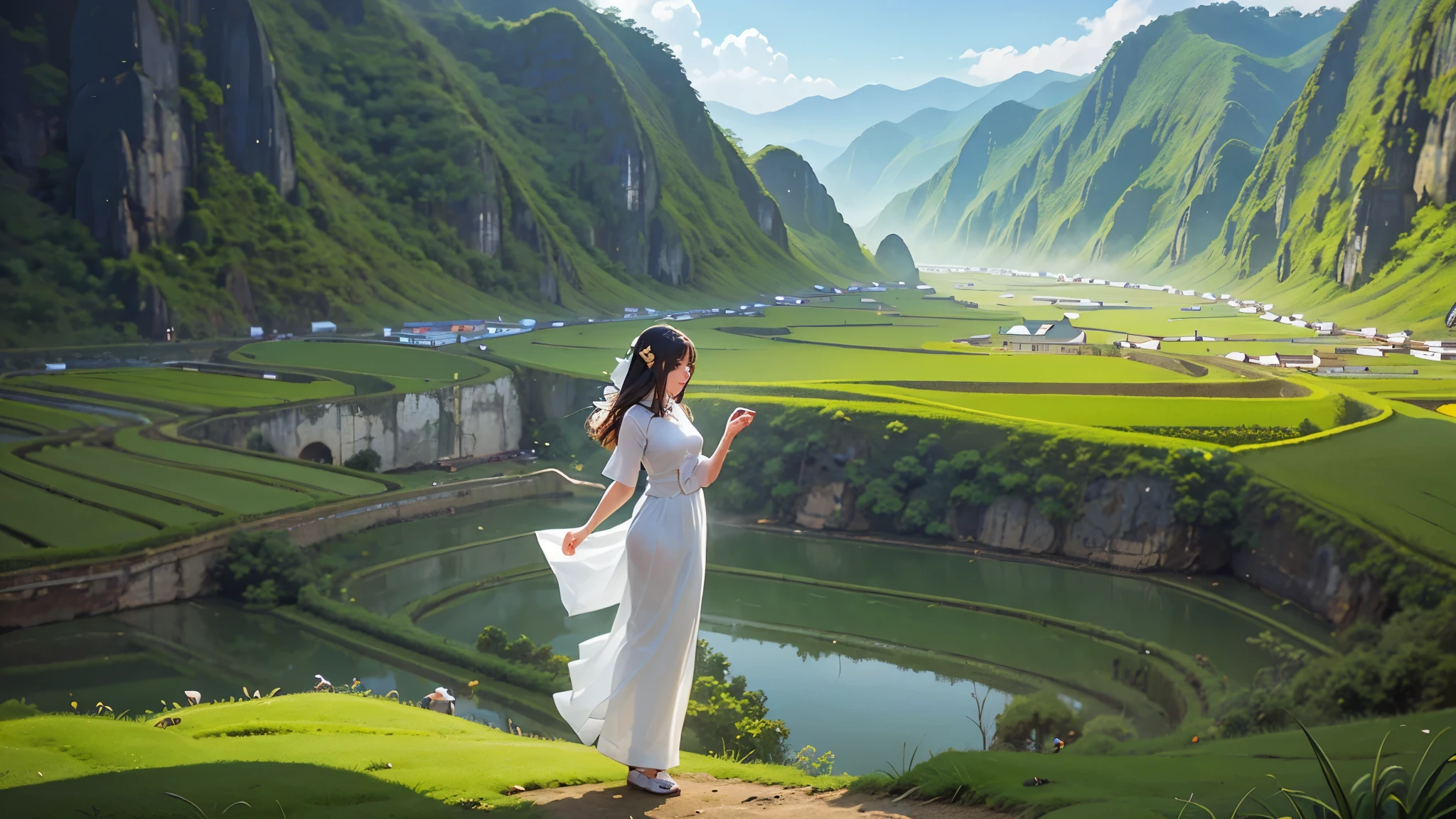 ((A beautiful picture depicting a Vietnamese hometown)), The focus of the scene is on a field with steps leading up to a staircase. In the field, there are Vietnamese farmers working diligently. The atmosphere is filled with the warm glow of beautiful sunshine, creating a cinematic lighting effect. The image is captured using a Sony FE GM lens, which ensures high-quality visuals. The composition of the image is a wide shot, showcasing the vastness and beauty of the landscape. capturing the essence of everyday life. The level of detail in this artwork is exceptionally high, allowing for a realistic and immersive experience. The color palette is vibrant and vivid, enhancing the visual impact. (Asia), ((Vietnam)), ((Vietnam's traditional Ao Dai)), (beautiful Vietnamese women), water buffaloes, ((rice farm))
