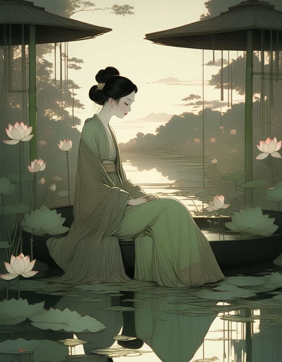 in style of conté artwork, beautiful detailed，evening，sunset，An Ancient Beauty Sitting by a Lotus Pond,  a Lotus Pond，Bamboo Grove at Sunset, Art Print in the Style of FRANKLIN BOOTH, ABIGAIL LARSON, TARA MCPHERSON, Pale Greens, Bright Reflections, 19th Century American Paintings and Works on Paper, Contemplative Silence, Children's Book Illustrations, Nocturne 