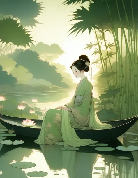 in style of conté artwork, beautiful detailed，evening，sunset，An Ancient Beauty Sitting by a Lotus Pond,  a Lotus Pond，Bamboo Grove at Sunset, Art Print in the Style of FRANKLIN BOOTH, ABIGAIL LARSON, TARA MCPHERSON, Pale Greens, Bright Reflections, 19th Ce...