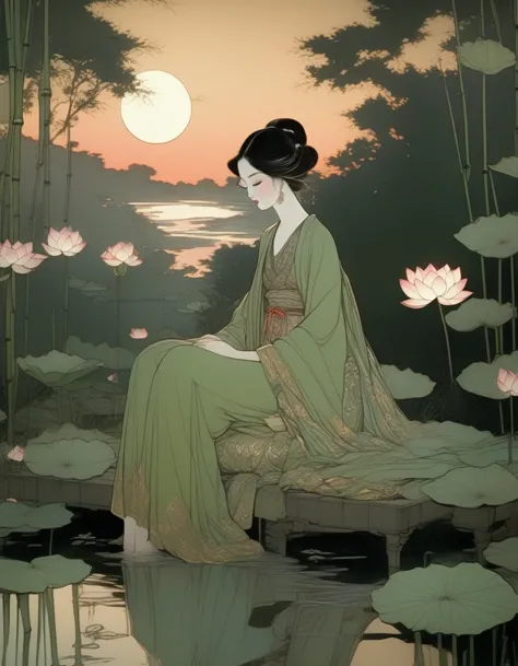 in style of conté artwork, in style of glitter art,, beautiful detailed，evening，sunset，An Ancient Beauty Sitting by a Lotus Pond...