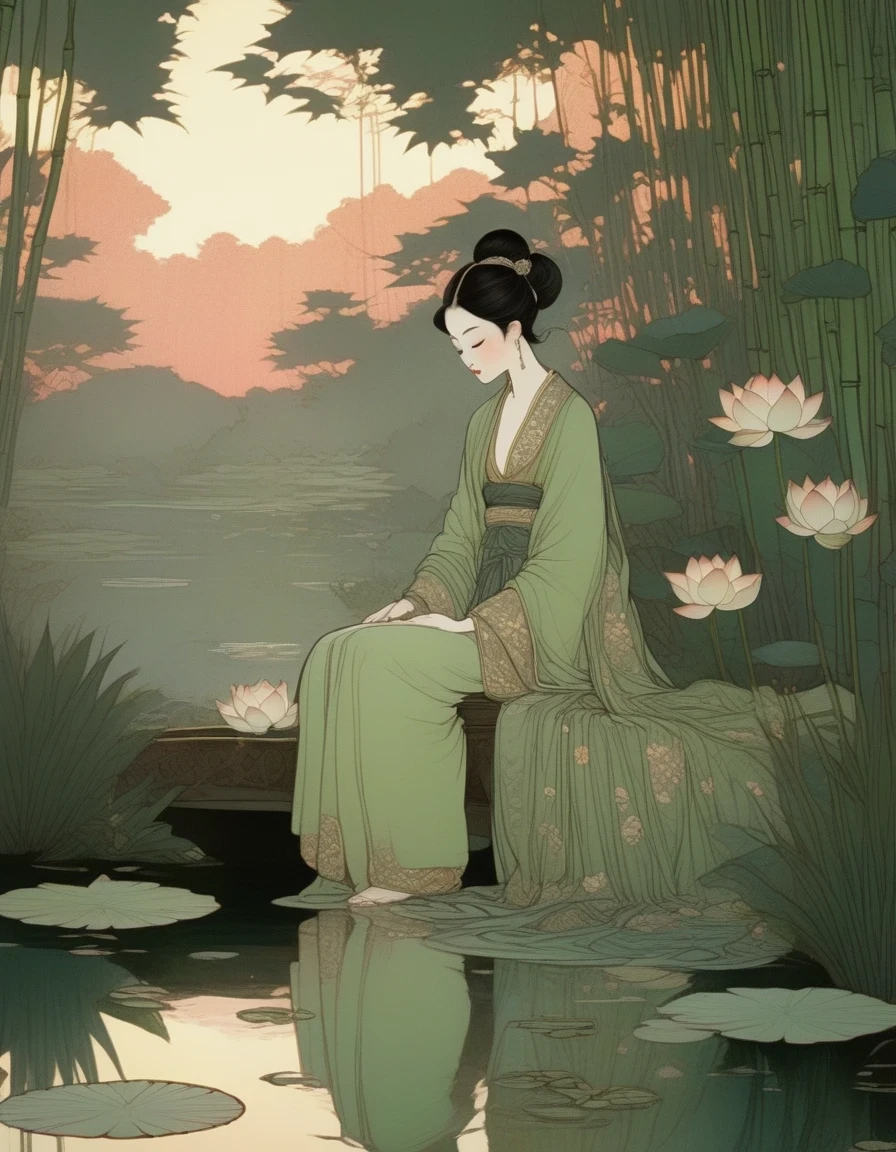 in style of conté artwork, in style of glitter art,, beautiful detailed，evening，sunset，An Ancient Beauty Sitting by a Lotus Pond,  a Lotus Pond，Bamboo Grove at Sunset, Art Print in the Style of FRANKLIN BOOTH, ABIGAIL LARSON, TARA MCPHERSON, Pale Greens, Bright Reflections, 19th Century American Paintings and Works on Paper, Contemplative Silence, Children's Book Illustrations, Nocturne 