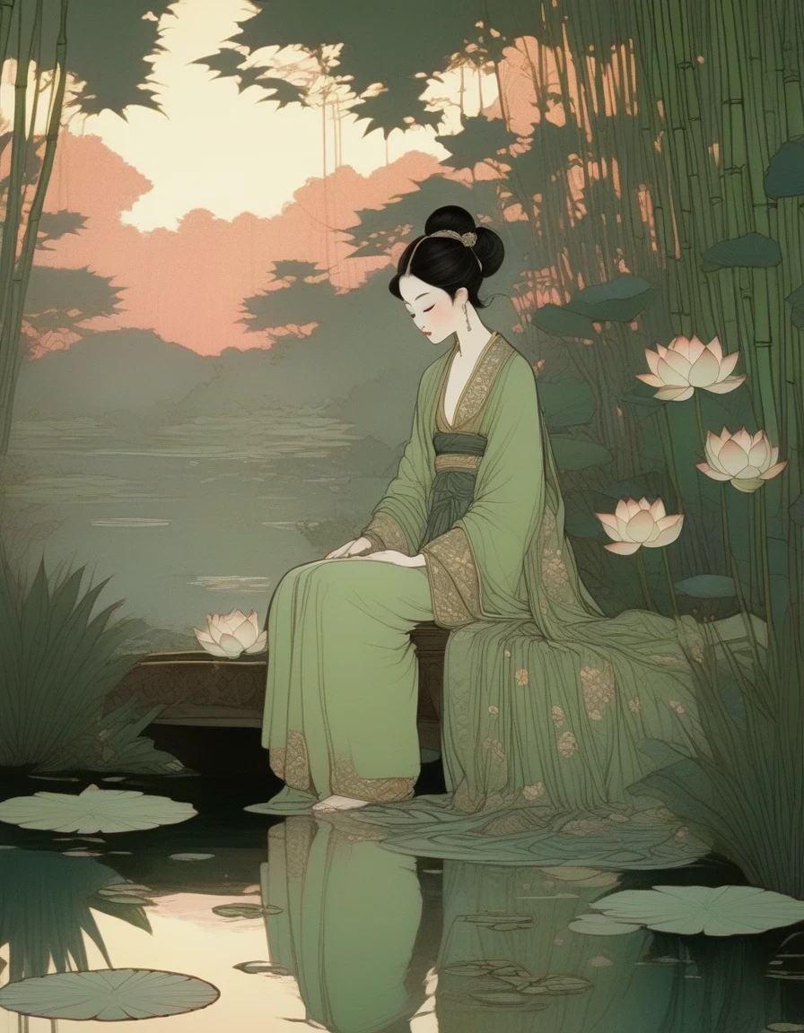 dans le style des œuvres d&#39;art conté, dans le style de l&#39;art scintillant,, beau détaillé，soirée，coucher de soleil，An Ancient Beauty Sitting by un étang de lotus,  un étang de lotus，Bosquet de bambous au coucher du soleil, Impression d’art dans le style de FRANKLIN BOOTH, Abigail Larson, TARA MCPHERSON, Verts pâles, reflets lumineux, Peintures et œuvres sur papier américaines du XIXe siècle, Silence contemplatif, illustrations de livres pour enfants, Nocturne 