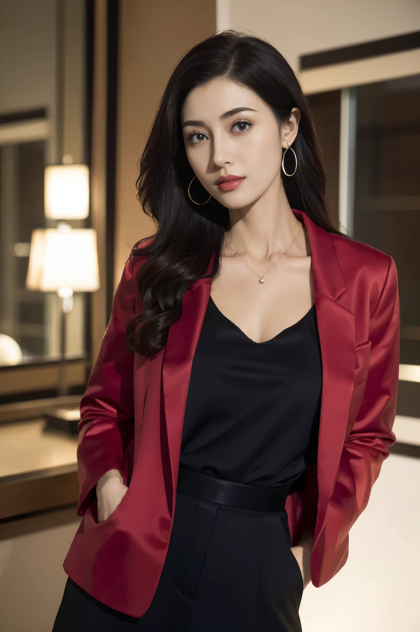 Beautiful girl in red blazer , (mid shot), black bra, Best quality at best, lamplight, ultra - detailed, Dark brown long fashion hair, wearing necklace, wearing small earrings, A high resolution, 8k wallpaper, Perfect dynamic composition, beautidful eyes,  Natural lips, black skirt,Put your hands in your pockets