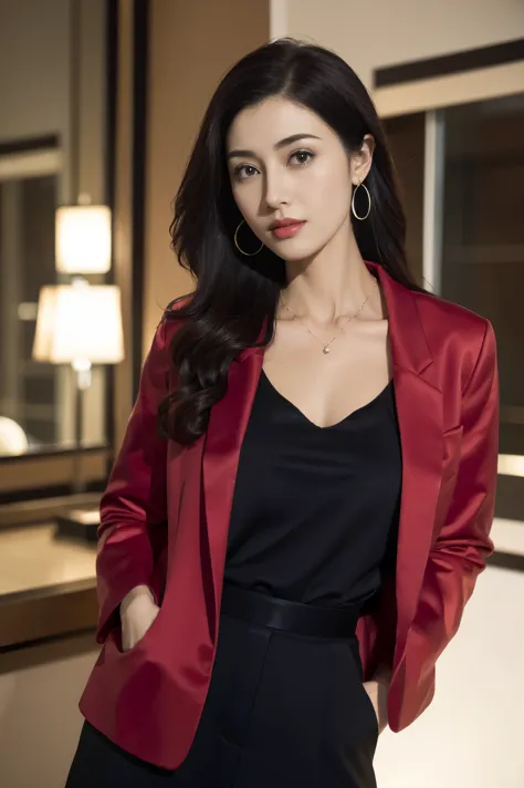 beautiful girl in red blazer , (mid shot), black bra, best quality at best, lamplight, ultra - detailed, dark brown long fashion...