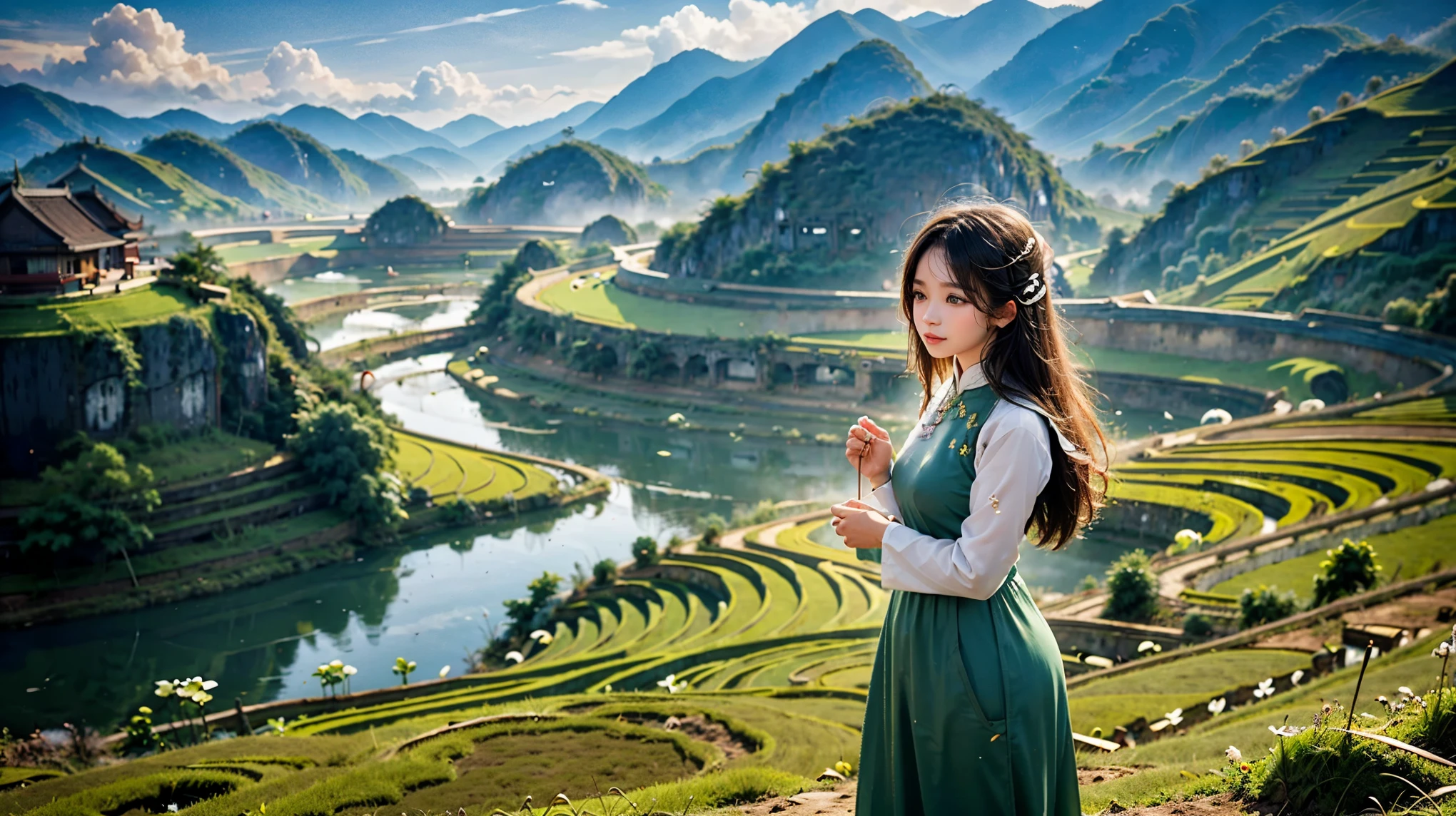 ((A beautiful picture depicting a Vietnamese hometown)), The focus of the scene is on a field with steps leading up to a staircase. In the field, there are Vietnamese farmers working diligently. The atmosphere is filled with the warm glow of beautiful sunshine, creating a cinematic lighting effect. The image is captured using a Sony FE GM lens, which ensures high-quality visuals. The composition of the image is a wide shot, showcasing the vastness and beauty of the landscape. capturing the essence of everyday life. The level of detail in this artwork is exceptionally high, allowing for a realistic and immersive experience. The color palette is vibrant and vivid, enhancing the visual impact. (Asia), ((Vietnam)), ((Vietnam's traditional Ao Dai)), (beautiful Vietnamese women), water buffaloes, ((rice farm))
