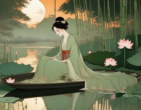 evening，sunset，an ancient beauty sitting by a lotus pond,  a lotus pond，bamboo grove at sunset, art print in the style of frankl...