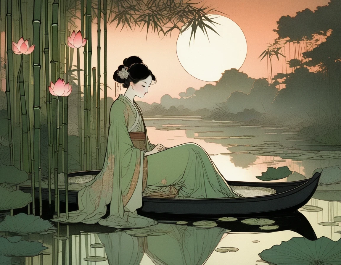 Abend，Sonnenuntergang，Eine antike Schönheit, die an einem Lotusteich sitzt,  a Lotus Pond，Bambushain bei Sonnenuntergang, Kunstdruck im Stil von FRANKLIN BOOTH, Abigail Larson, TARA MCPHERSON, Blasse Grüntöne, helle Reflexionen, Amerikanische Gemälde und Arbeiten auf Papier des 19. Jahrhunderts, Besinnliche Stille, Kinderbuchillustrationen, Nocturne 