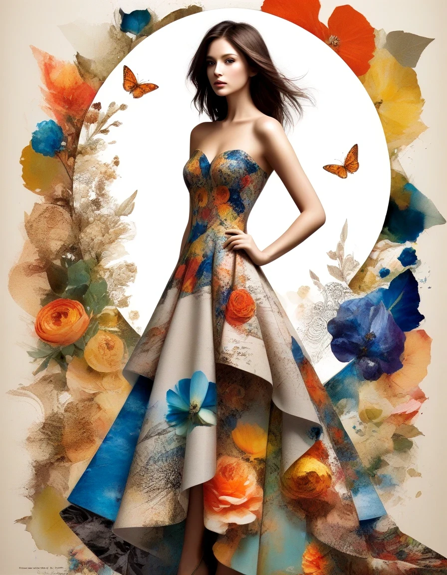 in style of collage artwork, a dress, full body, beautiful detailed