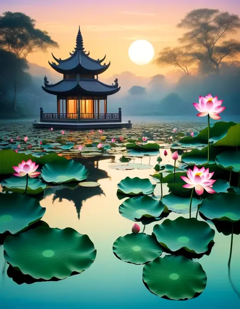 in style of collage artwork, Lotus pond in the evening, beautiful detailed