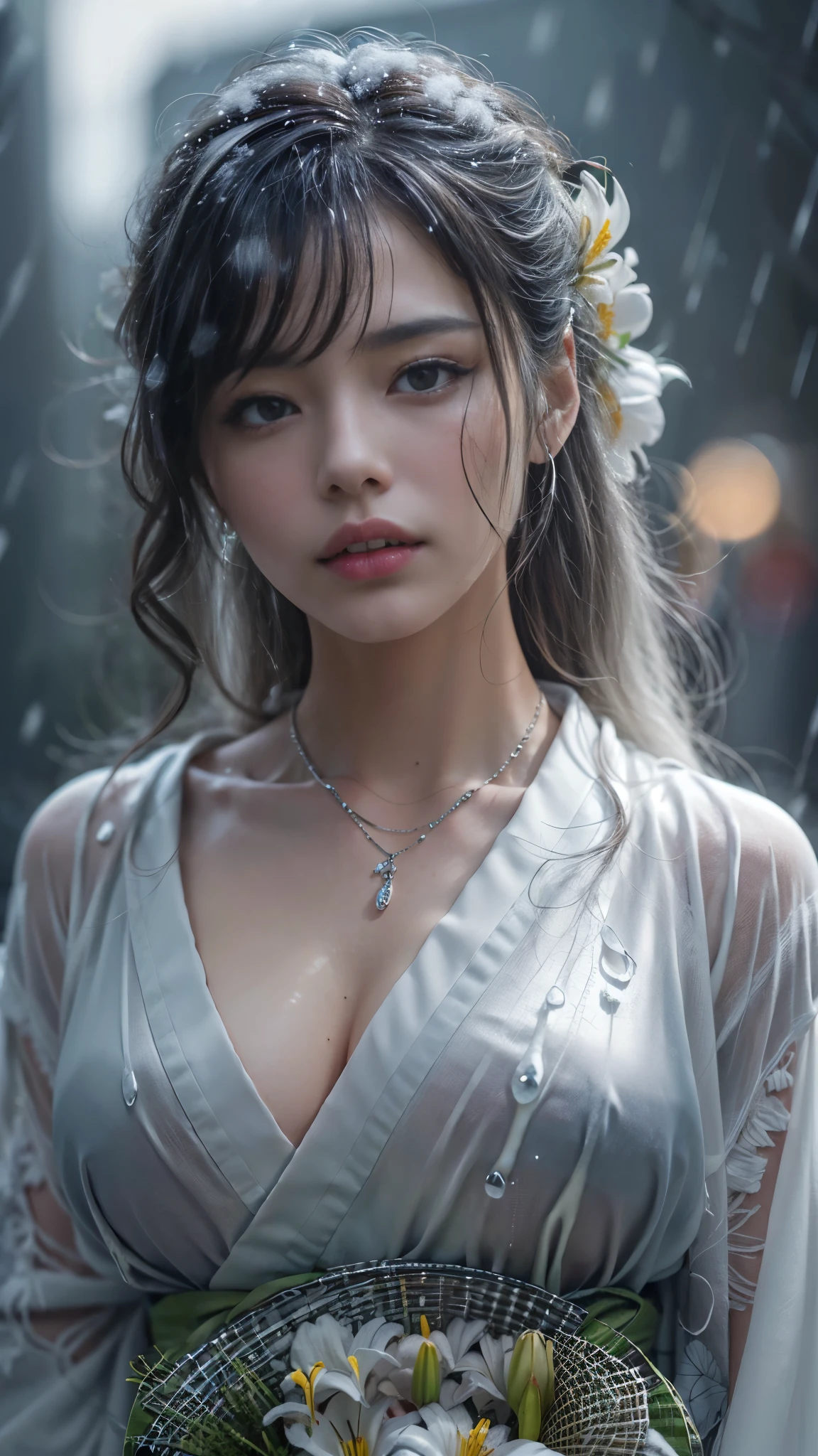 (RAW shooting, Photoreal:1.5, 8K, highest quality, masterpiece, ultra high resolution), ((((heavy snow, Blizzard)))), Highly detailed skin and facial textures:1.3, perfect dynamic composition:1.2, (In front of a shrine at night in a modern city, expression of sadness:0.9, Tears are flowing:0.9, cry with a broken heart:0.9), Slim office lady wet in the rain:1.3, cowboy shot, Fair skin:1.2, sexy beauty:1.1, perfect style:1.2, beautiful and aesthetic:1.1, very beautiful face:1.2, water droplets on the skin, (rain drips all over my body:1.2, wet body:1.2, wet hair:1.3), (Professional kimono dressing:1.1, Holding a bouquet of wet lilies:1.2, Wearing a wet silver kimono correctly:1.3), (Medium chest, Bra see-through, Chest gap),  (Eyes that feel beautiful eros:0.9, Too erotic:0.9, Bewitching:0.9), necklace, earrings, bracelet, wedding ring, Highly detailed hand and finger expressions