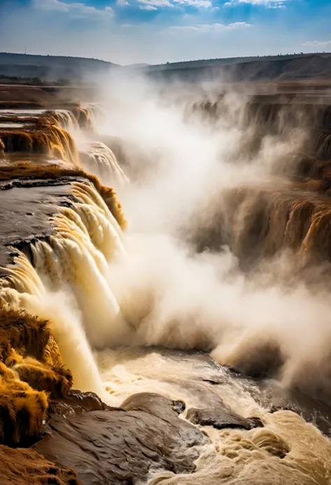 Hukou Waterfall landscape，Smoke rises from the bottom of the water，mud color，Take good care of the place where the Yellow River ...